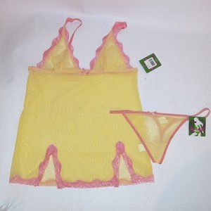 Spreegirl Camisole & Panty Set Yellow Orange Lace Trim Sheer Pajama V String Tho